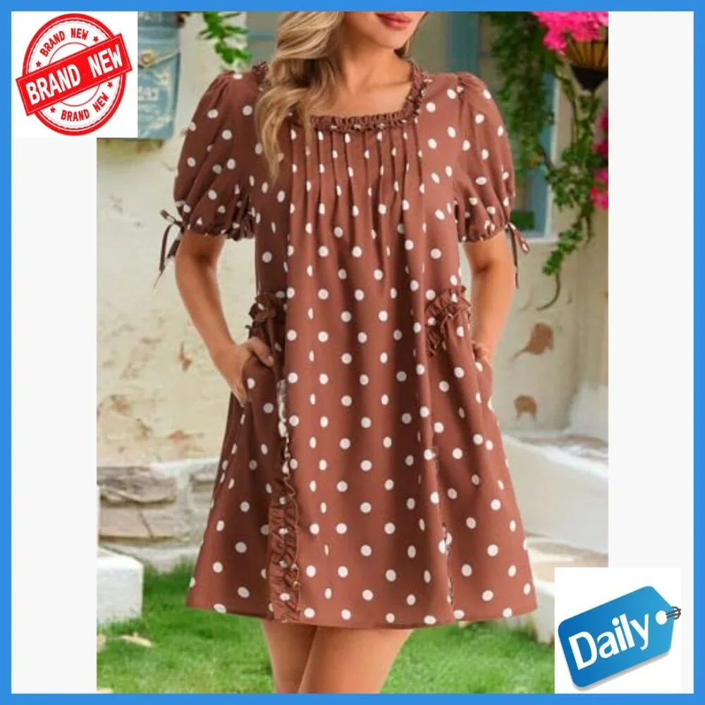 Babydoll Mini Dress with Pockets, Polka Dot, Square Neck, Short Sleeve - Picture 2 of 6